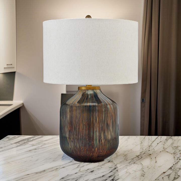 24 Inch Table Lamp, Mercury Glass Jar Base, White Drum Fabric Shade, Black - Benzara