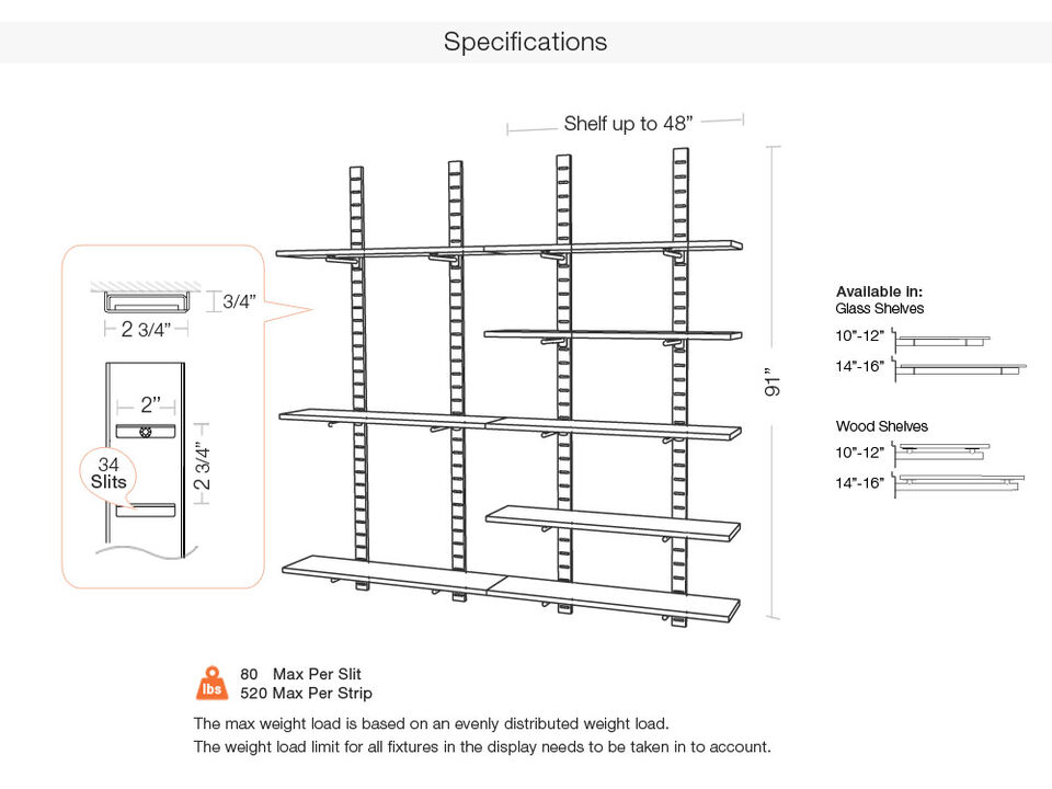 Trendy  Living Room Shelving System 91" High with 8 Glass Shelves 48" Length 14"-16" Width | 3 Sections- Shelves Sold Separately