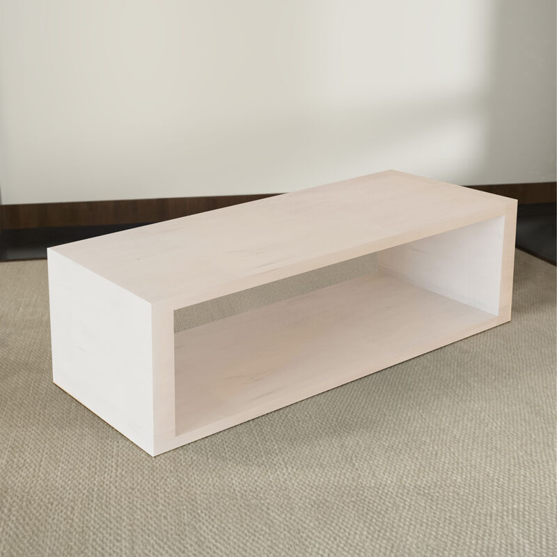 Keli Coffee Table, 58 Inch Minimalist Open Frame, Rustic Washed White Mango Wood