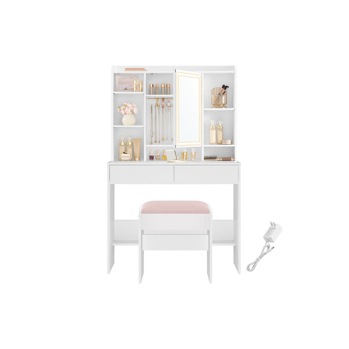 Vanity Desk with Mirror and Lights, Makeup Vanity with Upholstered Vanity Stool