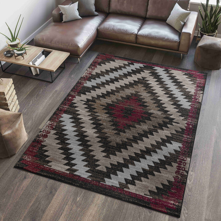 Sakarya Modern Boho Geometric Brown Red Indoor Area Rug
