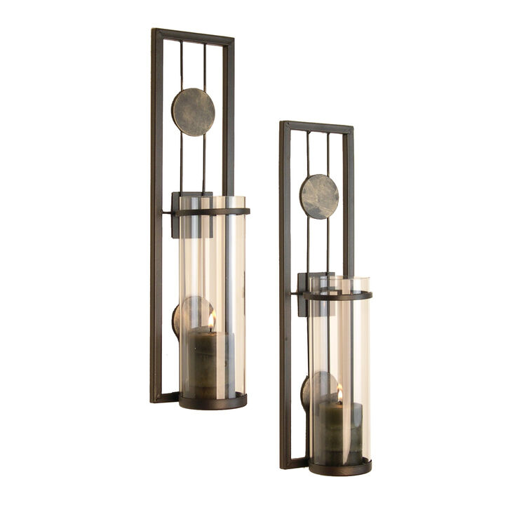 Set of Two Contemporary Metal Wall Sconces With Antique Patina Medallions