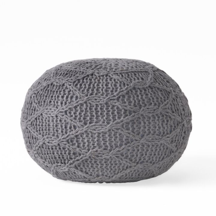 Ottoman Pouf, 20 Inch Round Shape, Knitted Boho Design, Gray Wool - Benzara