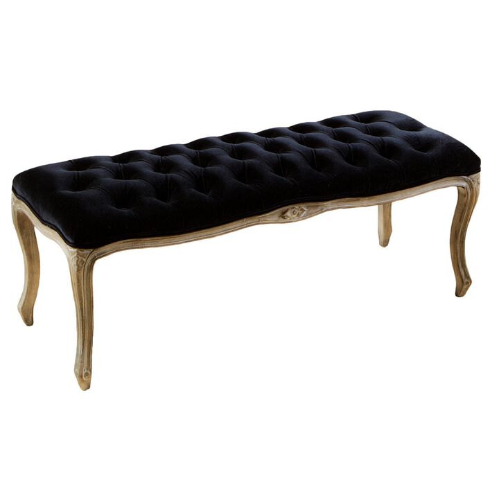 Kopa Bench Footstool, Tufted Black, Brown Wood, Curved Legs, 46 Inch - Benzara
