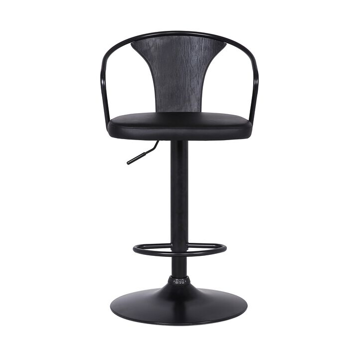 Adjustable Leatherette Swivel Barstool with Curved Back, Black-Benzara