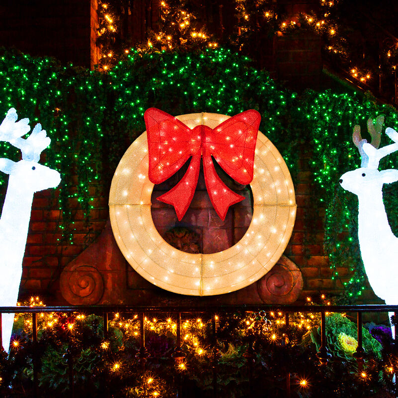 Pre-Lit Lighted Christmas Mesh Wreath with Large Bow and 200 LED Bulbs