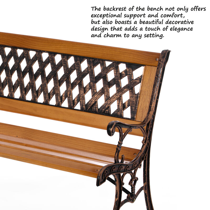 Outdoor Classical Wooden Slated Park Bench, Steel frame Seating Bench for Yard, Patio, Garden, Balcony, and Deck