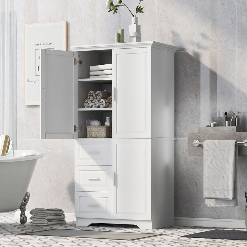 Tall And Wide Storage Cabinet With Doors For Bathroom/Office, Three Drawers, White