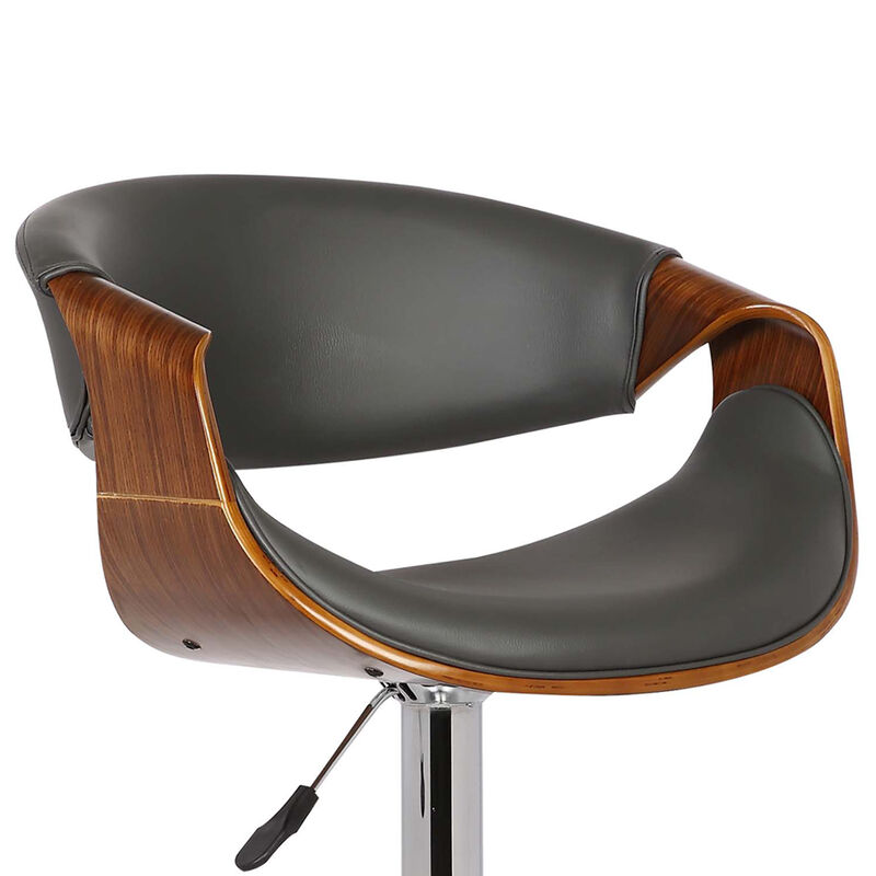 Butterfly Adjustable Height Swivel Grey Faux Leather and Walnut Wood Stool with Chrome Base