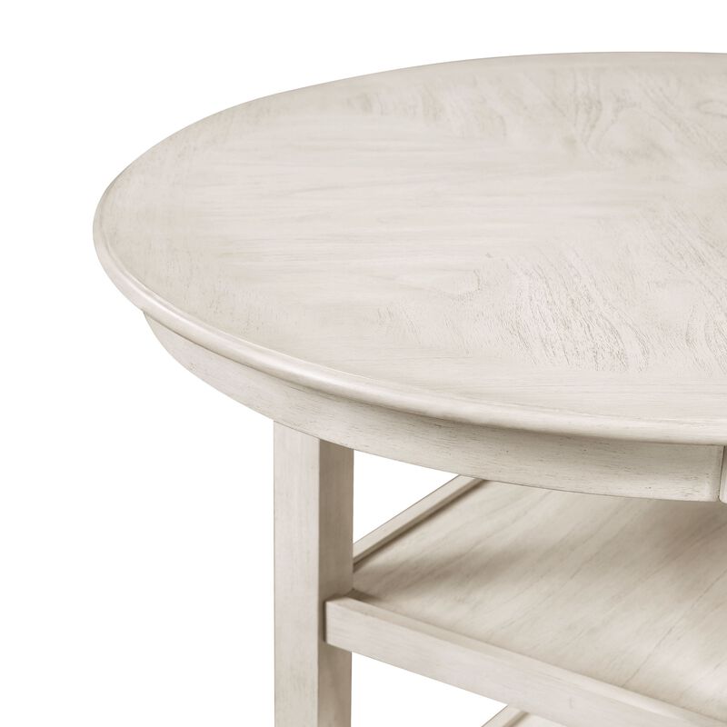 Aine 5 Piece Round Counter Dining Table, Chair Set, White Wood, Fabric Seat - Benzara