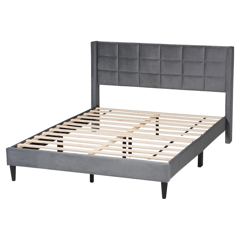 Baxton Studio Payne Modern Glam Navy Blue Velvet and Dark Brown Wood Queen Bed