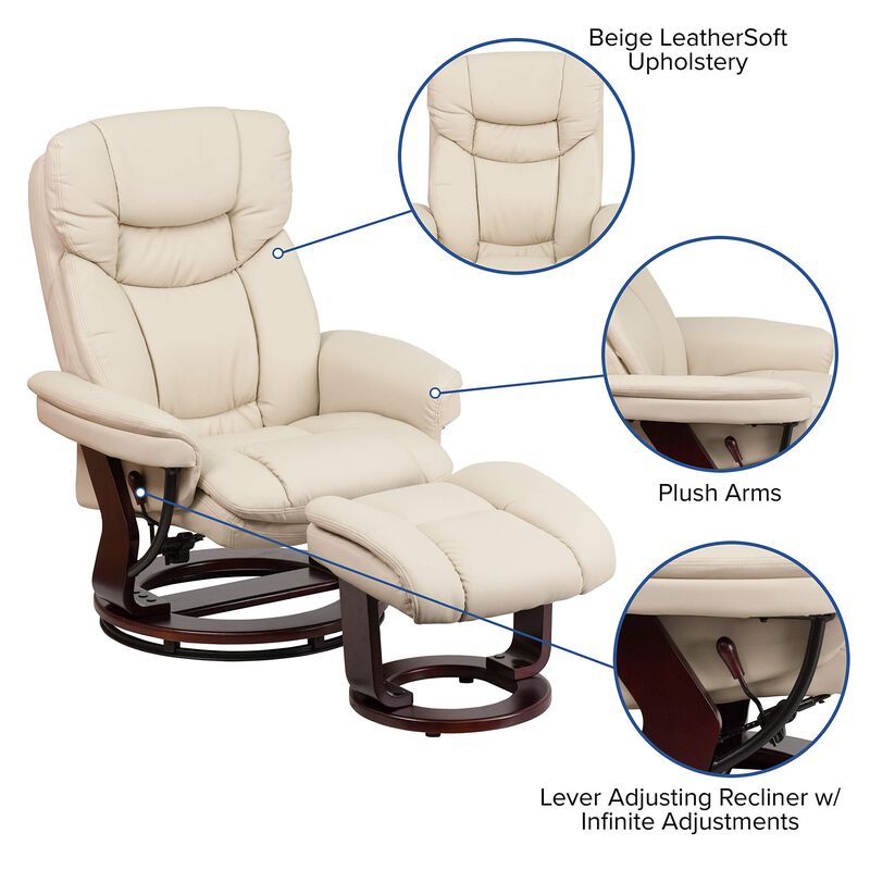 Flash Furniture Allie Recliner Chair with Ottoman | Beige LeatherSoft Swivel Recliner Chair with Ottoman Footrest