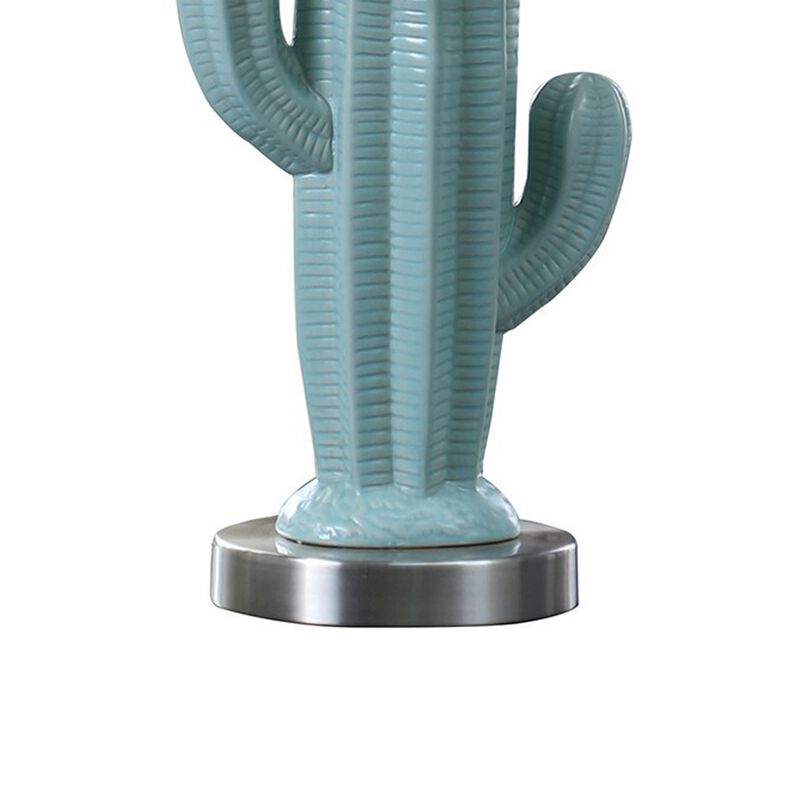 22 Inch Accent Table Lamp, Cactus Designed Body, Metal Base, Blue, White-Benzara
