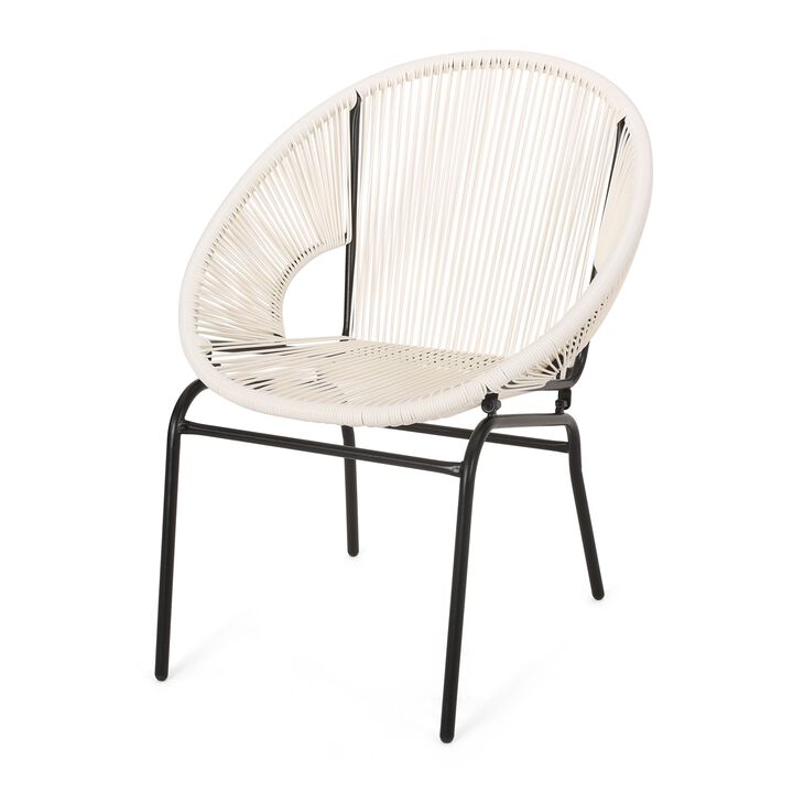 Sanu Outdoor Accent Chair Set of 2, White PE Rattan, Black Iron, Round Back