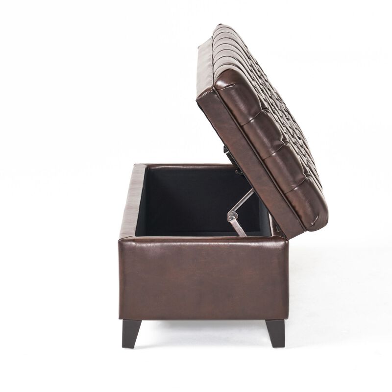 Rhya Storage Ottoman Bench, Brown Faux Leather, Black Wood, 50 Inch -Benzara