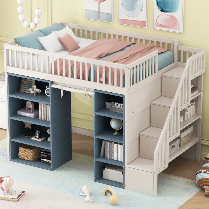 Merax Loft Bed with 2 Four-layer Storage Cabinets and Curtain