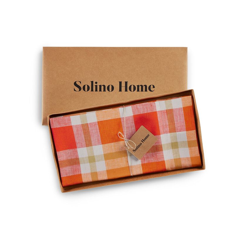 Solino Home 100% Pure Linen Table Throw 52 x 52 Inch | Fall Buffalo Check for Thanksgiving, Christmas