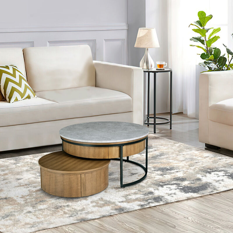36 Inch 2 Piece Round Nesting Coffee Table, Lift Top Storage, Wheels, Brown-Benzara