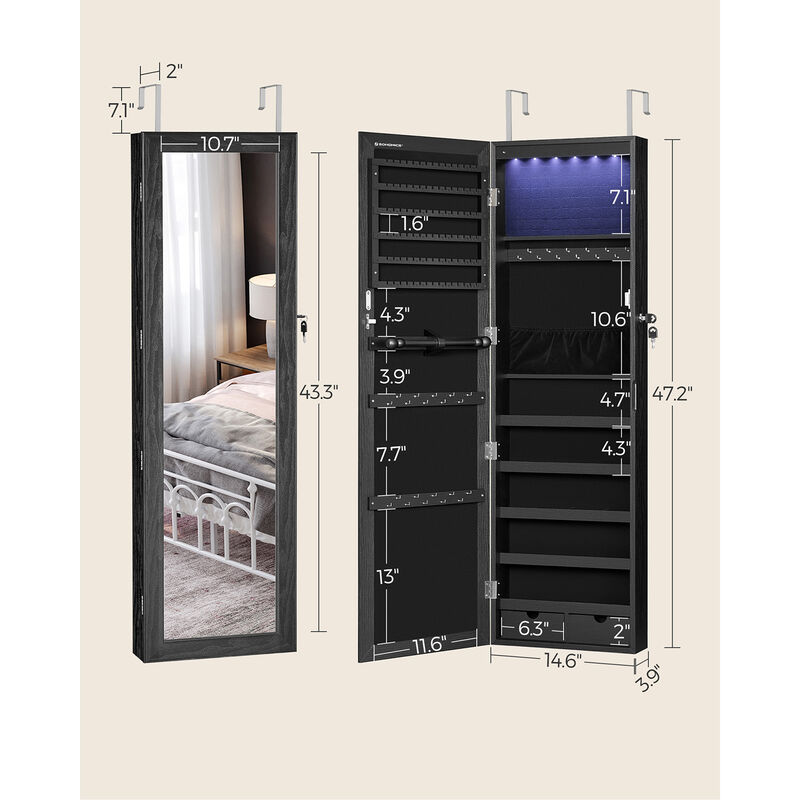 Mirror Jewelry Armoire with 6 LEDs - 47.2" Lockable Wall/Door Mounted Cabinet with 2 Drawers