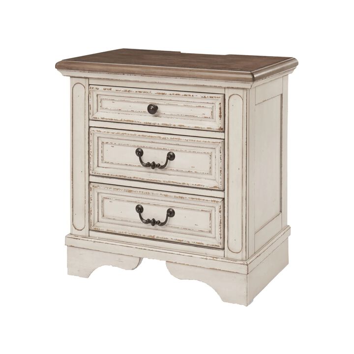 Beny 27 Inch Nightstand with 3 Drawers, Black Handles, White Wood Finish - Benzara