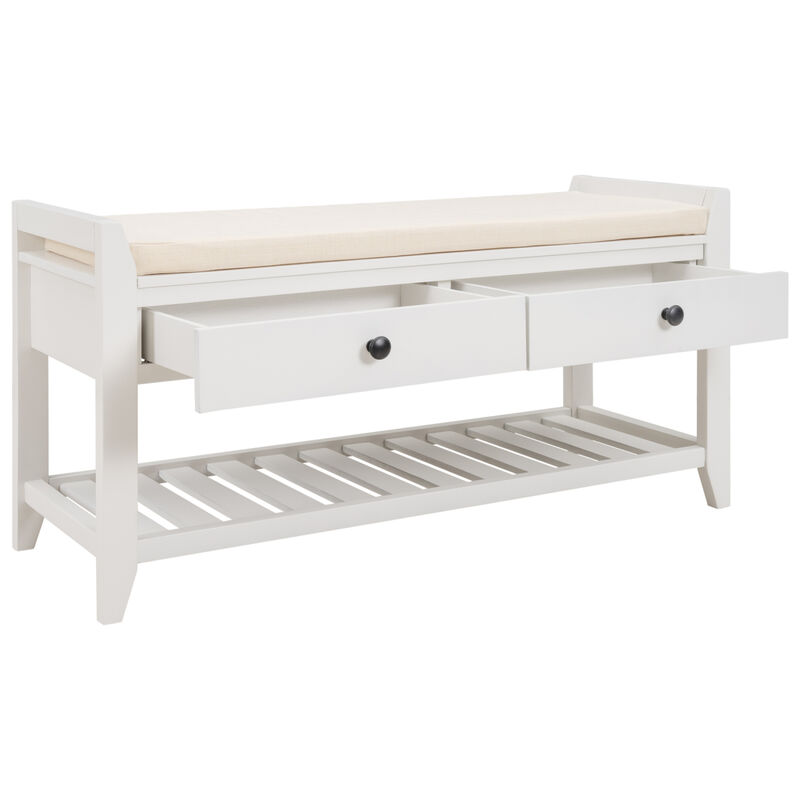 Shoe Rack With Cushioned Seat And Drawers, Multipurpose Entryway Storage Bench (White)