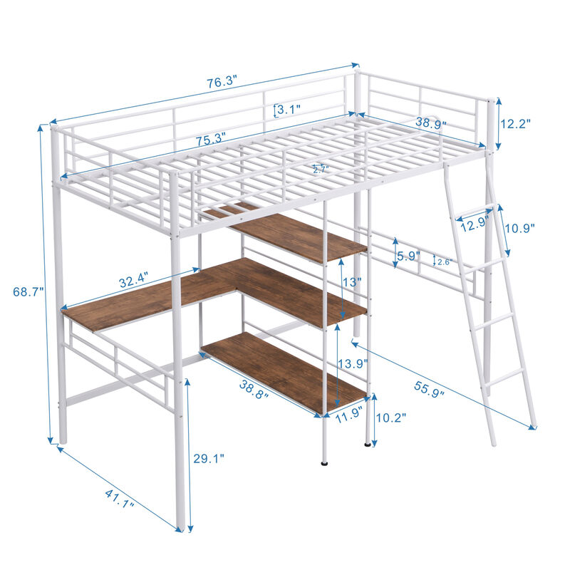Twin Size Metal Loft Bed and Built-in Desk and Shelves