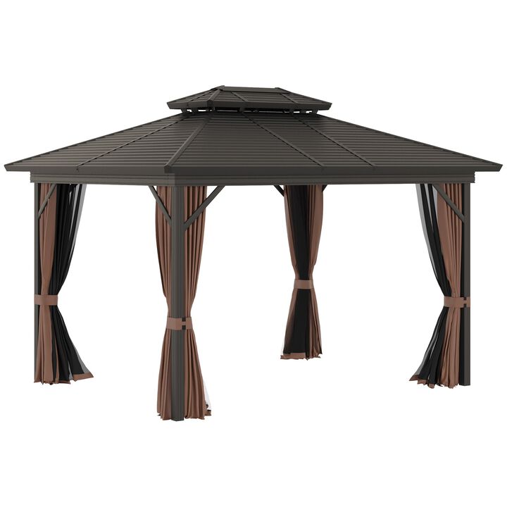 Brown Backyard Shelter: 10x12 Hardtop Gazebo with Curtains
