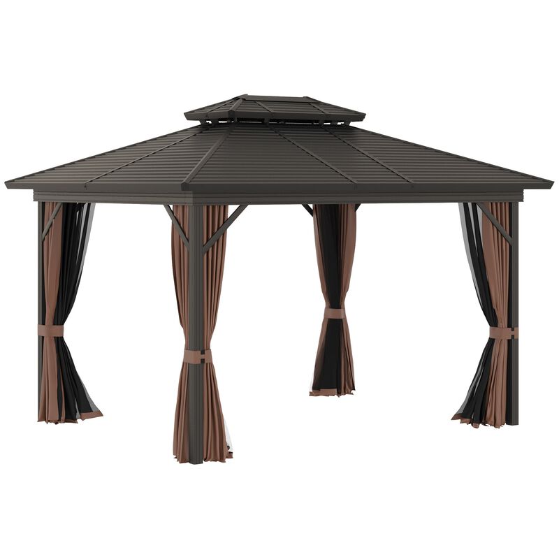 Brown Backyard Shelter: 10x12 Hardtop Gazebo with Curtains