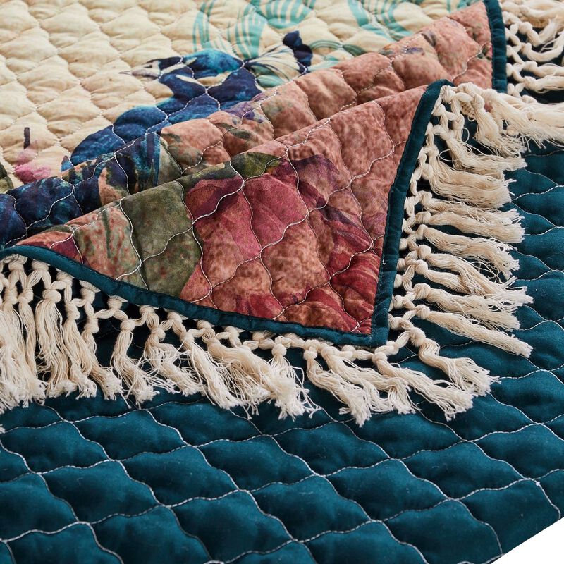 3 Piece Queen Size Quilt Set with Floral Print and Crochet Trim, Multicolor - Benzara