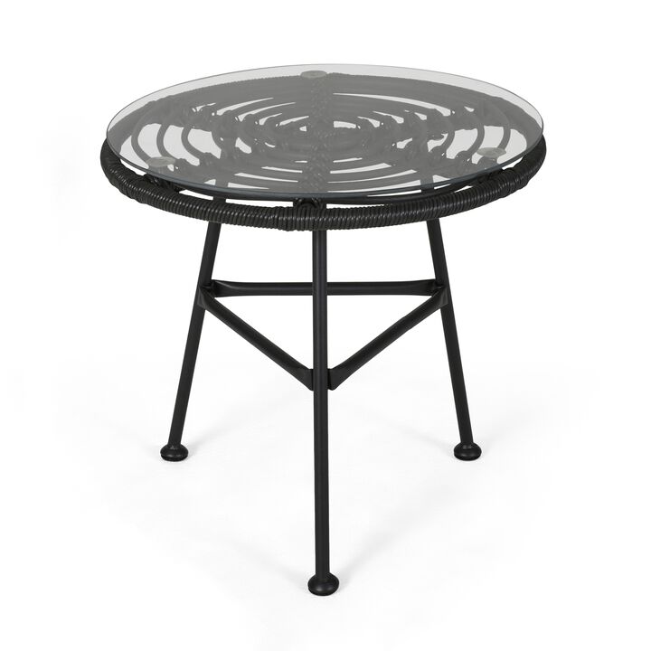 Tee Outdoor Side End Table, 20 Inch Rattan Weave with Glass Top, Gray - Benzara