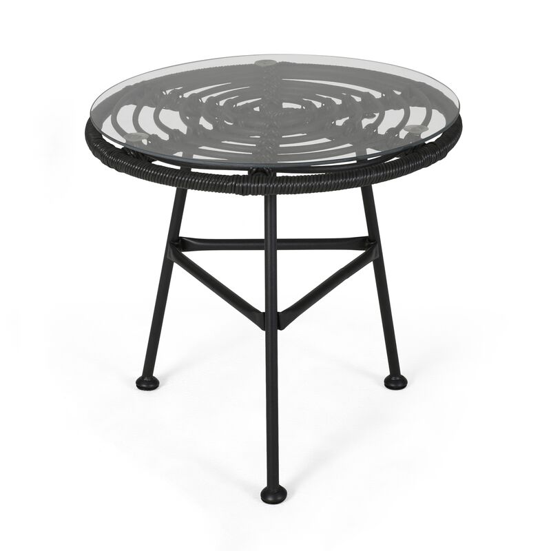 Tee Outdoor Side End Table, 20 Inch Rattan Weave with Glass Top, Gray - Benzara