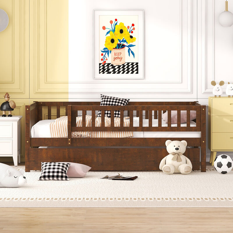 Twin Size Wood Daybed With Trundle And Fence Guardrails