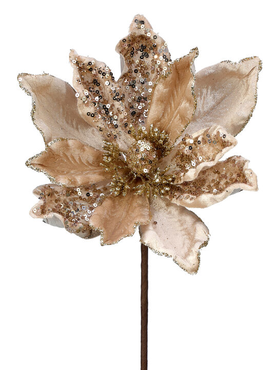 24" Champagne Velvet Sheen Sequin Magnolia Stem ((3 PCS)- Elegant Christmas Floral Decoration