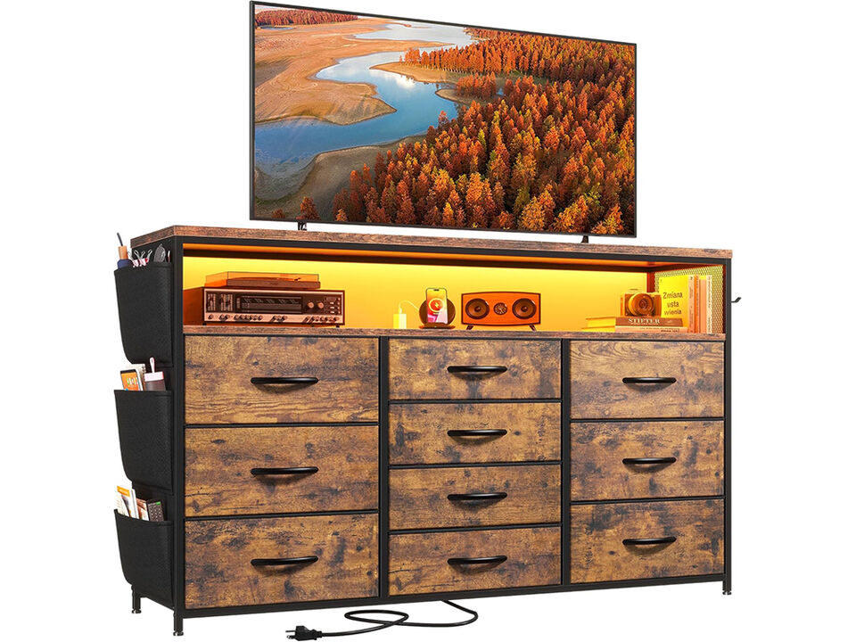 Rustic Brown 10 Drawer Dresser for Bedroom with Wood Open Shelves