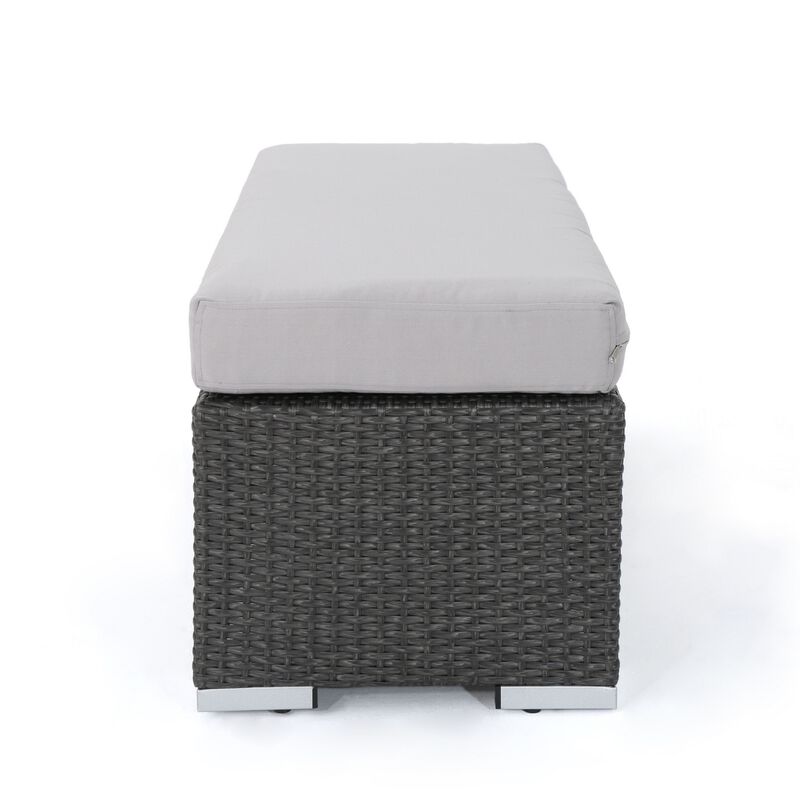 Sanie Outdoor Bench, 47 Inch, Gray Resin Wicker Weave, Silver Polyester