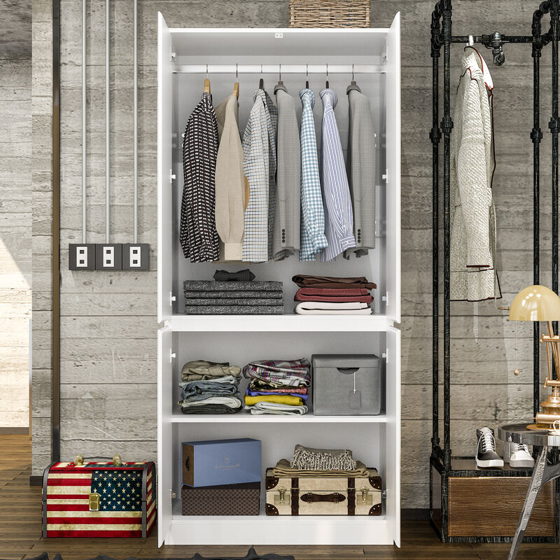 White High Gloss Mirrored Doors 31.5 in. W Wardrobe Armoires W/Mirror Doors, Hanging Rod 70.9 in. H x 15.7 in. D