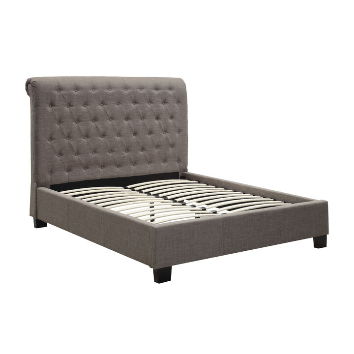 Rue Low Profile California King Bed, Button Tufted Uphosltered, Gray - Benzara