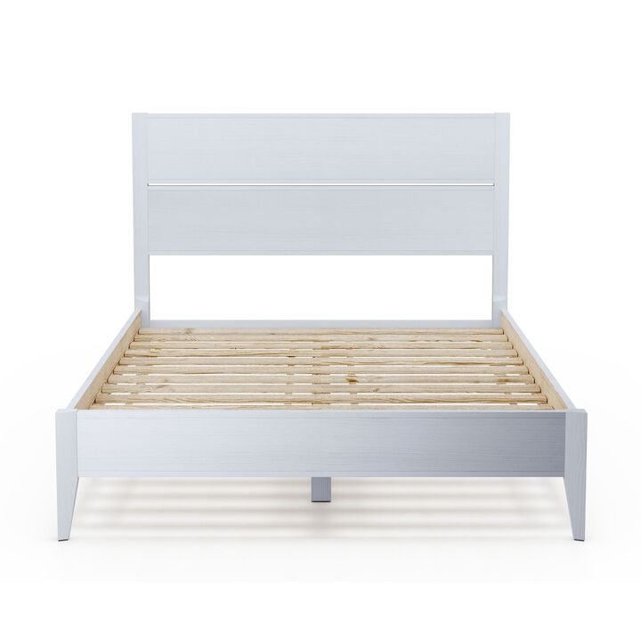 Hivvago Queen Size Rustic White Mid Century Slatted Platform Bed