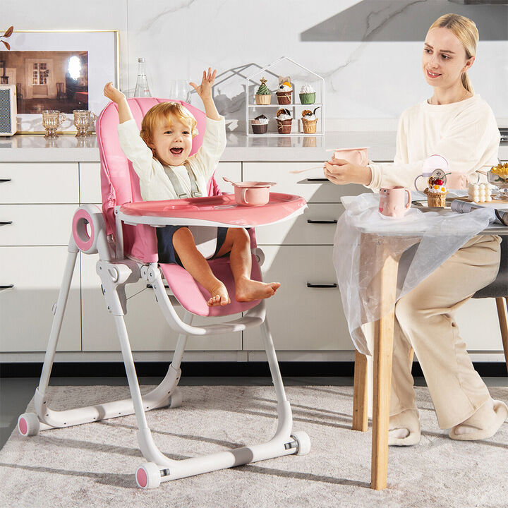 Baby High Chair Foldable Feeding Chair with 4 Lockable Wheels