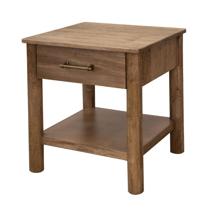 Benjara Olum 26 Inch Chairside Table, Drawer, Lower Shelf, Square Top, Wood, Brown and Gold