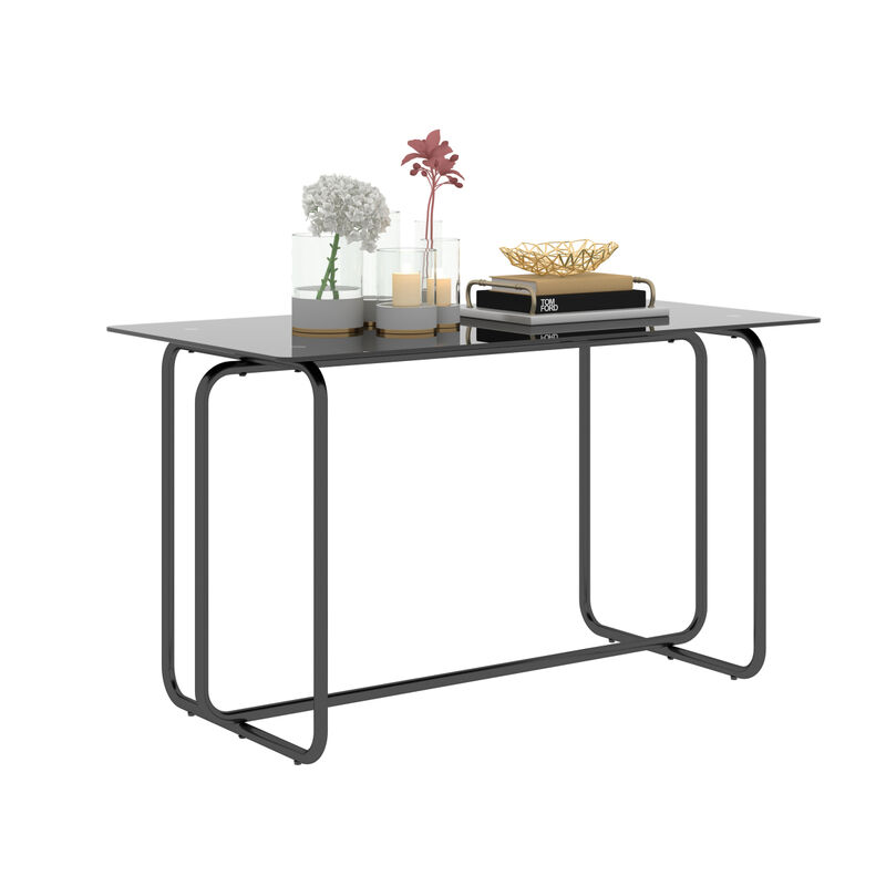 1-Piece Rectangle Dining Table With Metal Frame, Tempered Glass Dining Table For Kitchen Room, Black