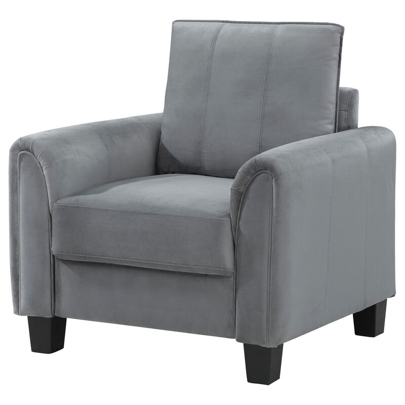 Dave Accent Chair, Gray Fabric, Rounded Armrests, Black Tapered Legs  - Benzara