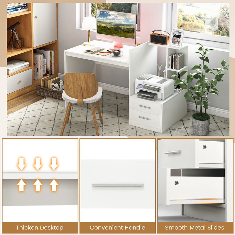 Costway Computer Desk Laptop Table Writing Study Desk Home Office with Bookshelf & Drawers