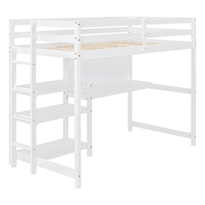 Twin Size Wooden Loft Bed With Shelves, Desk And Writing Board