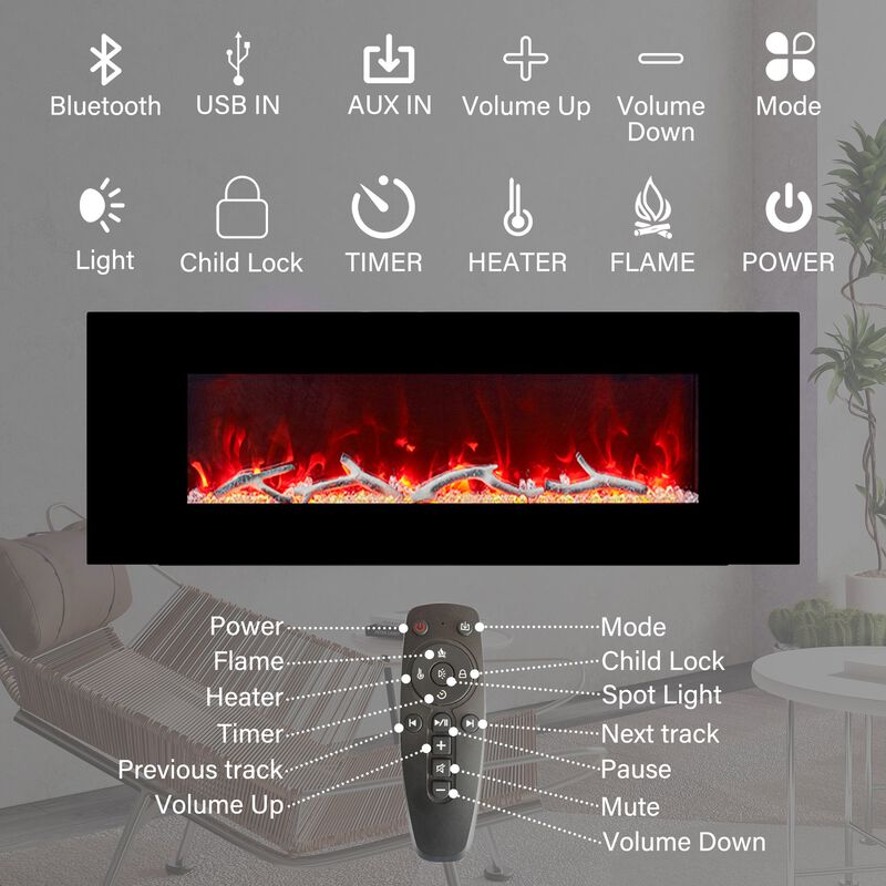 50 Inch 1500W Wall-Mount Fireplace with Multicolor Flame