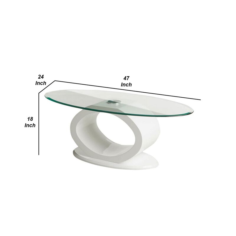 Contemporary Tempered Glass Top Coffee Table with O Shape Base, White-Benzara