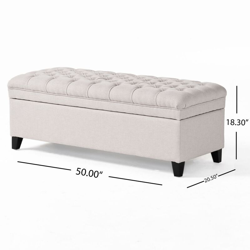 Rhya Storage Bench Ottoman, 50 Inch Seat, Button Tufted Gray Fabric - Benzara