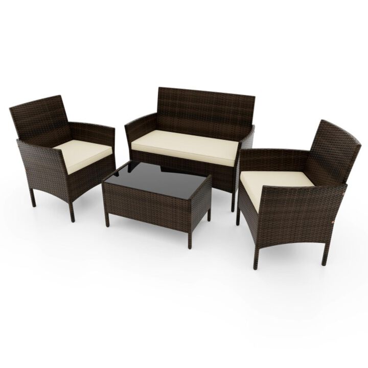 Hivvago 4 Piece Patio Rattan Conversation Set with Cozy Seat Cushions