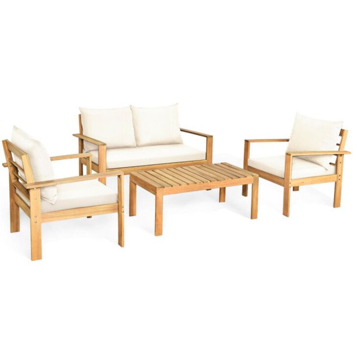 Hivvago Outdoor 4 Pieces Acacia Wood Chat Set with Water Resistant Cushions