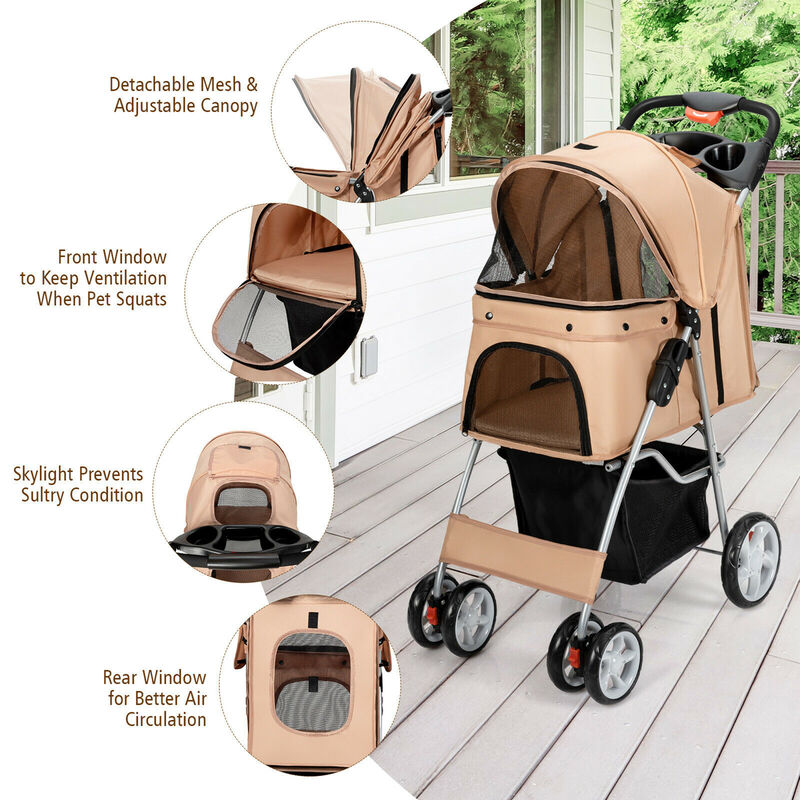 Costway Foldable Pet Stroller 4-Wheel Cat Dog Travel Carrier w/ Storage Basket
